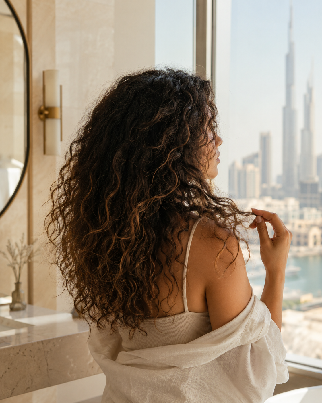 Woman with naturally curly textured hair showing mild frizz in a warm, sunlit Dubai apartment bathroom — curly hair Dubai